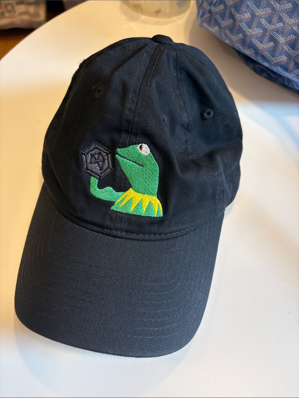 Black Cap with Green Kermit-Style Frog Embroidery